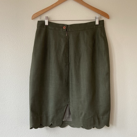 VINTAGE | Oleg Cassini Olive 🫒 Green Petal Hem linen midi skirt size 12 - Picture 2 of 10